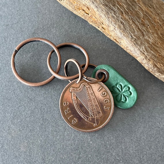 1963 Irish penny and shamrock keychain, keyring or clip, for a perfect  61st birthday or anniversary gift for man  or woman in 2024