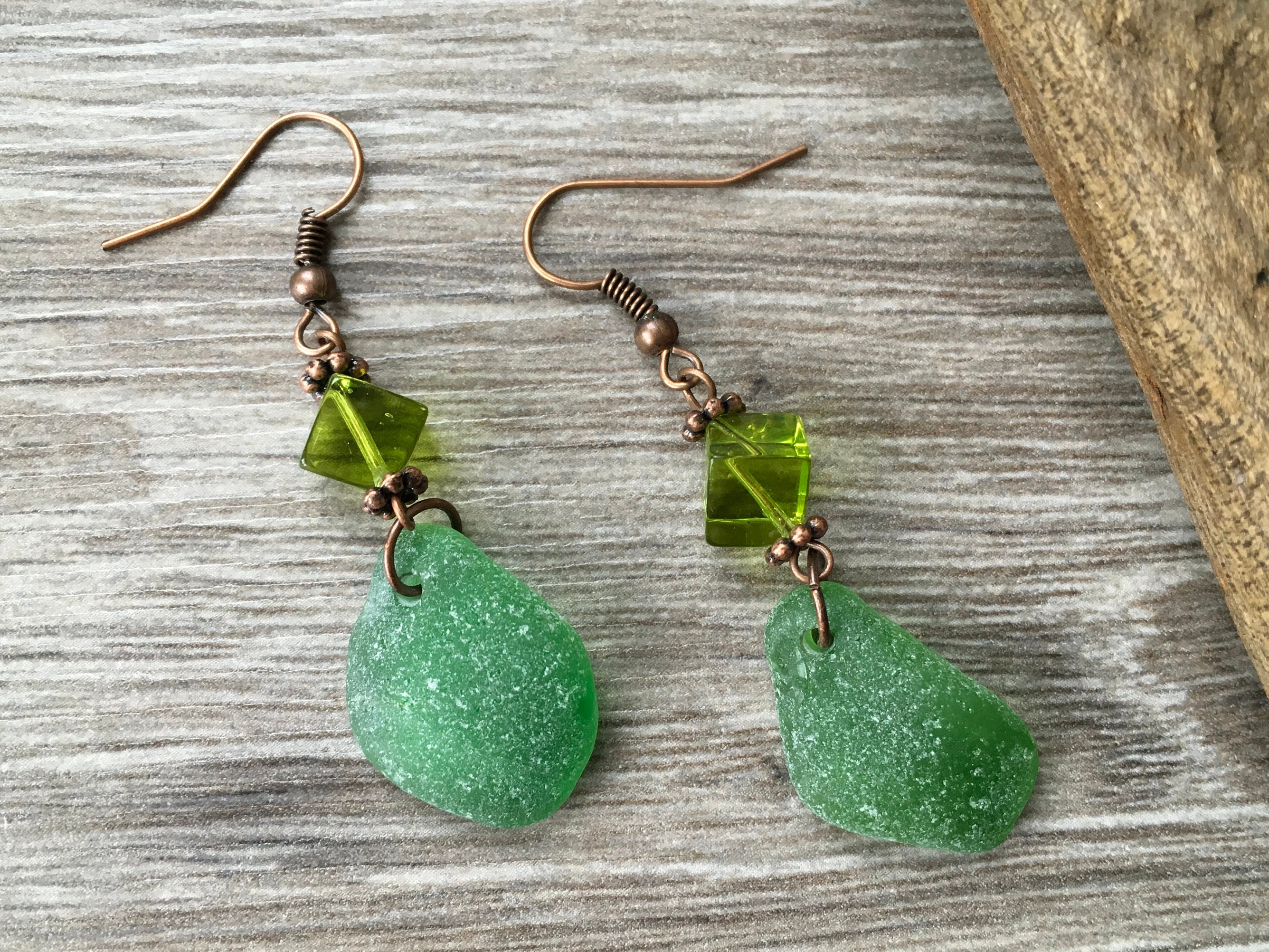 Green sea glass earrings, natural beach glass jewellery, rustic, simple