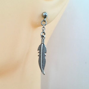 Feather Dangle Earring: Stainless Steel Ball Stud, available as a single or pair