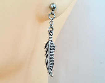 Feather dangle earring, single earring or a pair of earrings, ball stud earring