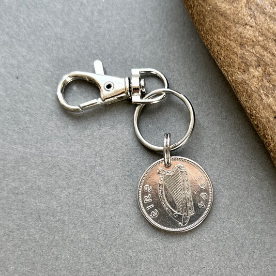 Irish shilling key chain, keyring or clip, 1962, 1963 or 1964 choose coin year for a perfect birthday or anniversary gift