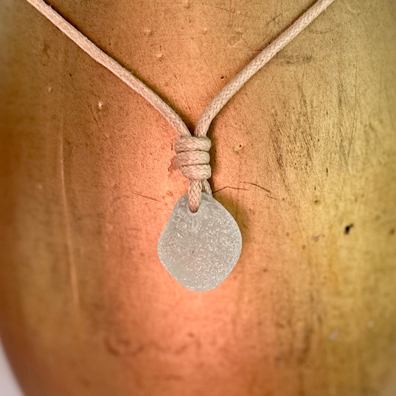 Genuine Sea glass necklace, adjustable beige waxed cotton cord, beach glass pendant, boho no metal jewellery