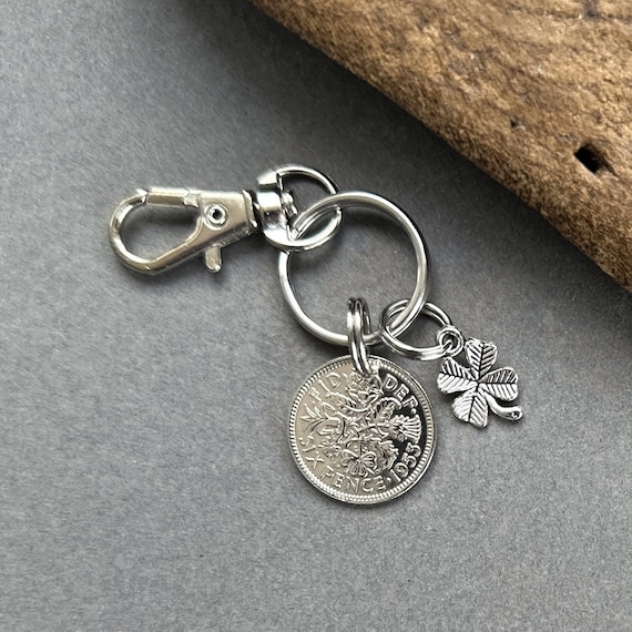 Sixpence keyring, lucky British coin clip, choose coin year for a perfect birthday, anniversary, retirement or good luck gift