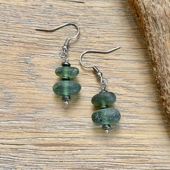 Green sea glass earrings, Cornish beach glass, hematite jewellery, Cornwall, unusual, gemstone, mermaid birthday gift for a woman