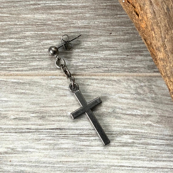 Single gunmetal grey cross earring, also available as a pair of earrings