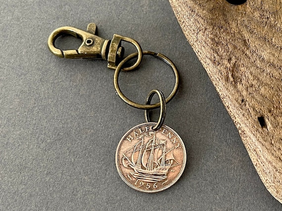 1956 British half penny coin clip style Key ring, English ship coin, 68th birthday or retirement gift