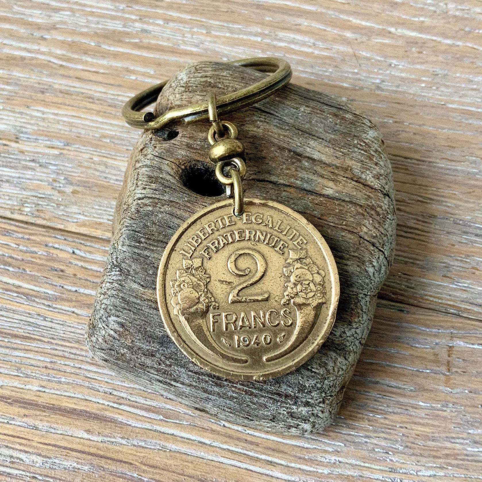 1940 French coin key ring, key chain, 2 franc France, present for a man