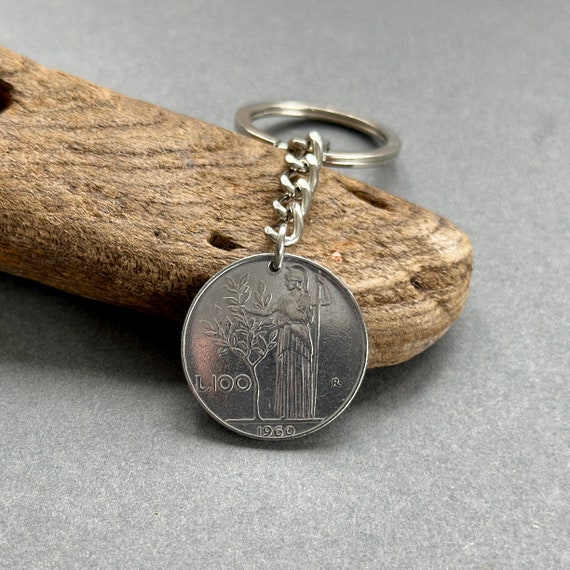 1960 Italian 100 lire coin keyring, 64th birthday gift, Italy keychain, 100 Lire coin clip, anniversary present