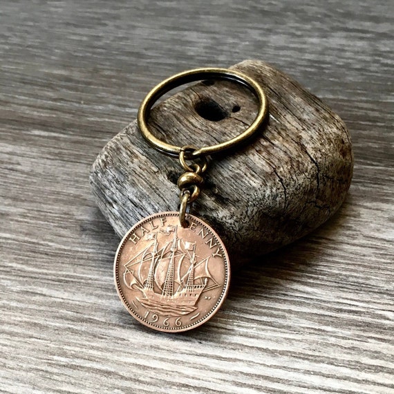 ship coin key ring or clip, English half penny keyring, British sailing boat, 1965, 1966 or 1967 choose coin year