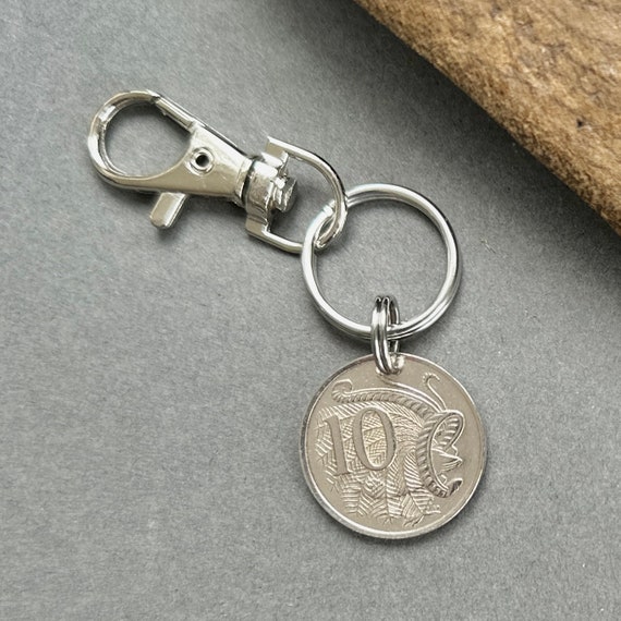 Australian 10 cent coin keyring, keychain or clip, choose Australia coin year for a perfect birthday gift or anniversary present