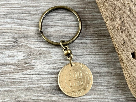 1982 Italian 200 Lire key chain, keyring or clip, a perfect 40th birthday gift or anniversary present