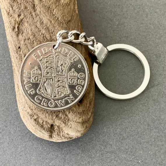 1950 British half crown coin keyring, keychain for a perfect 74th birthday gift or retirement present