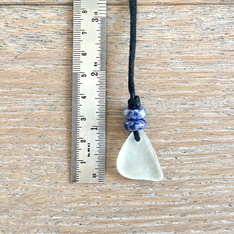 Natural sea glass pendant necklace, Cornish sea glass and blue calming gemstone necklace with a waxed cotton cord image 6