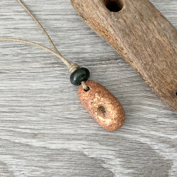 Beach pebble stone and agate pendant, raw stone necklace, adjustable cotton cord