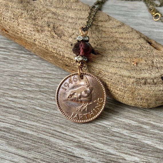 Farthing pendant necklace, birthday gift for a woman, 1941 - 1951 choose coin year wren bird jewellery