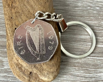 1979 Irish coin keyring or clip, keepsake 45th birthday gift or anniversary present for a man or woman, Celtic key chain, 50p from Ireland