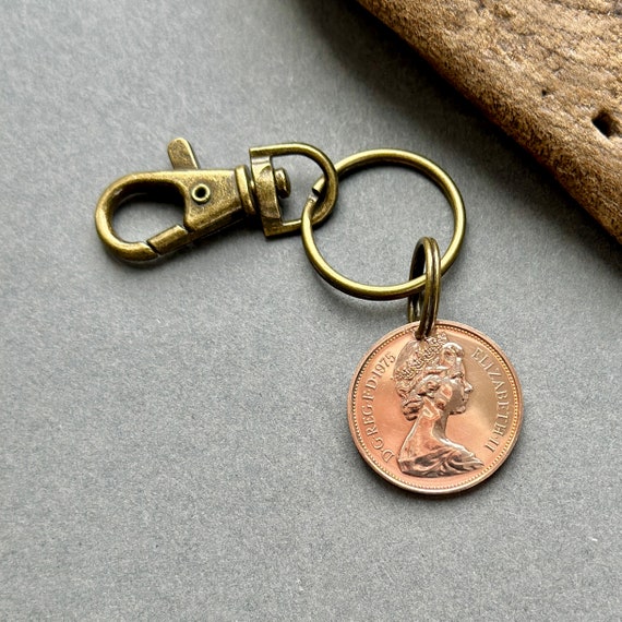 1975 British two pence coin ( 2p ) clip style keyring, 49th birthday or anniversary gift, small present for a man or woman