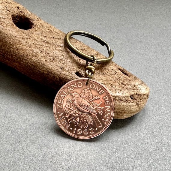 1960 New Zealand penny keyring, Tui bird keychain or clip, a perfect 64th birthday or anniversary gift