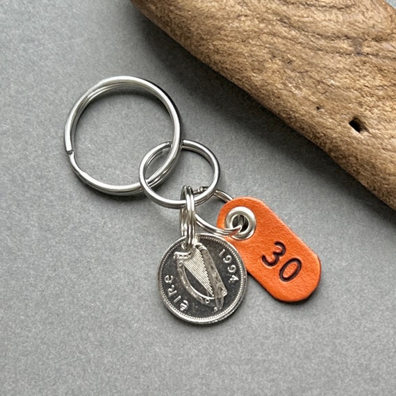 30th Irish birthday or anniversary gift, 1994  Irish 10 pence coin key ring, Eire key chain, Celtic Ireland bag clip, zipper charm