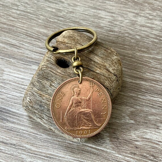 1961 or 1962 big British penny keyring, coin keychain or clip, perfect for a 62nd or 63rd birthday gift or anniversary present