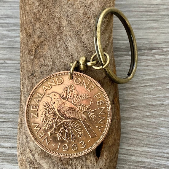 1963 New Zealand penny keyring, keychain, or clip, NZ Tui bird, a perfect gift for a 61st birthday or anniversary