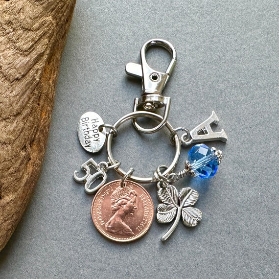 50th birthday gift, 1974 British lucky penny coin charm clip Keyring, a great gift for a 50 year old born in 1974 choose birthstone initial