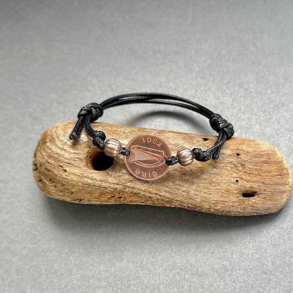 1982 Irish penny adjustable bracelet, handmade to order with a black Korean waxed polyester cord