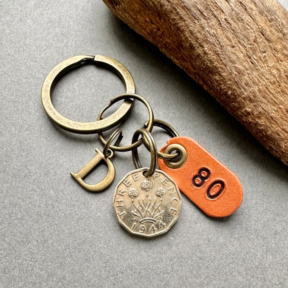 80th birthday gift, a 1944 British threepence keychain, keyring or clip, a great gift for a 80th birthday in 2023