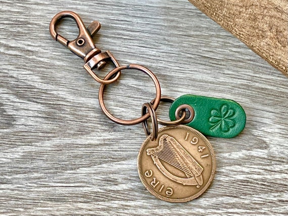 1941 Irish penny and shamrock keyring, keychain or clip, Ireland harp coin, 83rd birthday gift, St Patricks day gift for a man or woman