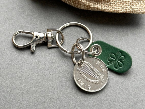 70th birthday gift, 1954 Irish shilling and shamrock keychain, keyring a perfect anniversary gift, for someone who’s heart is in Ireland