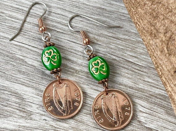 Shamrock and Irish half penny earrings, 1971, 1975, 1978, 1980 or 1982 Choose coin year for a perfect birthday, anniversary gift,