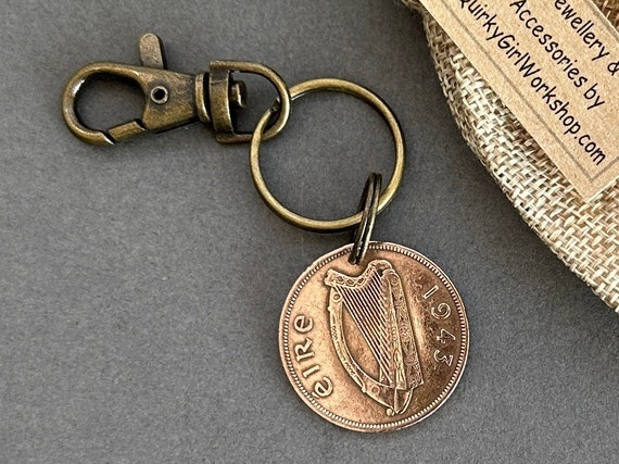 1943 Irish penny clip style key ring, a perfect 81st  birthday gift, 81 year old coin from Ireland