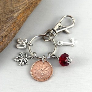 Canadian 30th Birthday Keyring: 1996 Canada penny, one cent Coin with Initial Charm and birthstone