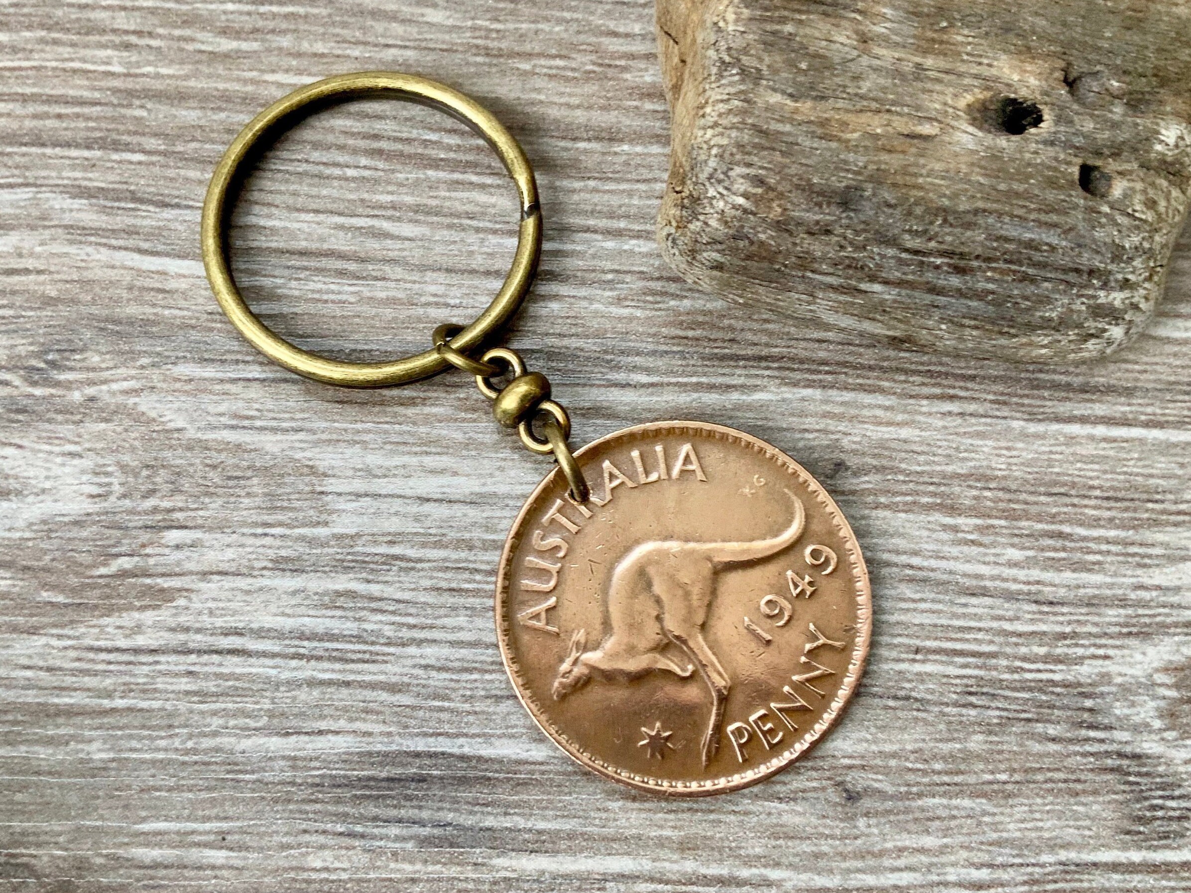 1949 Australian penny keychain, kangaroo keyring, 75th birthday gift in