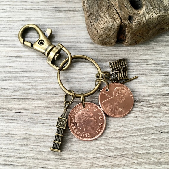 British penny and American penny keyring, Keychain or clip, a great transatlantic anniversary gift