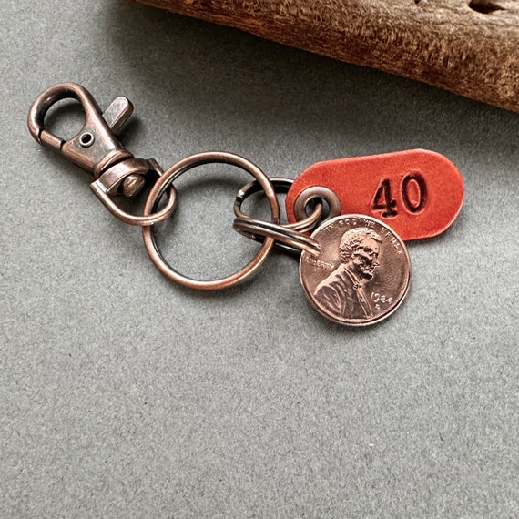 40th birthday gift, 1983 or 1984 USA coin key chain, American one cent key ring, lucky penny clip, anniversary, present for a man or woman