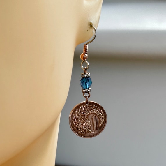 1969 New Zealand pretty fern coin earrings, NZ one cent Jewellery, these earrings would make a perfect 55th birthday or anniversary gift