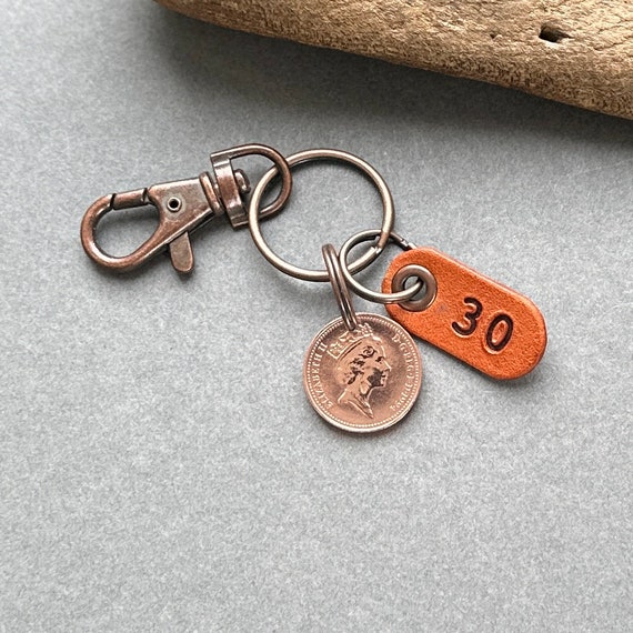 30th anniversary or birthday gift, 1994 British lucky penny clip style key ring