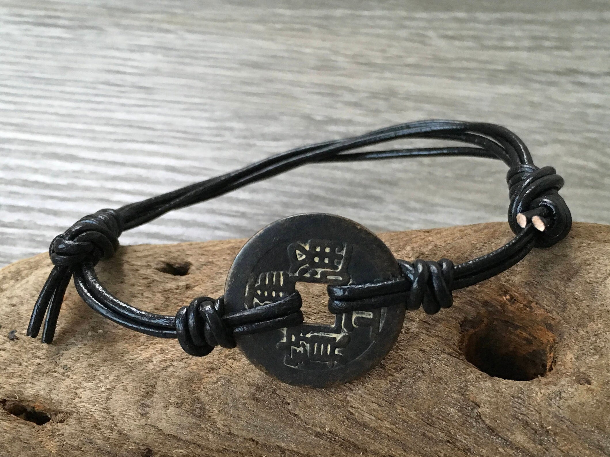 Mens coin bracelet, ancient Chinese coin bracelet, leather jewelry