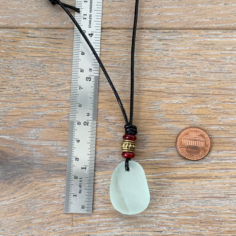 Cornish sea glass unisex necklace with red bead and bronze beads boho beach jewellery Natural sea glass pendant