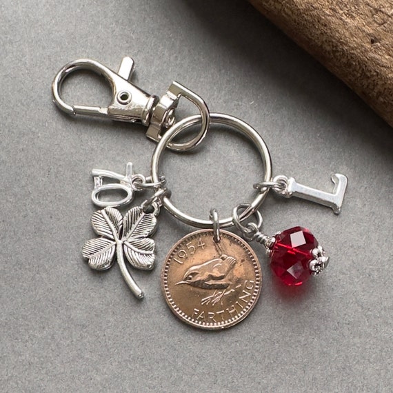 70th birthday gift, 1954 wren farthing birthstone charm, keyring or bag clip, personalised gift, choose initial and birthstone colour