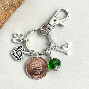 1945 wren farthing birthstone charm, keyring or bag clip, choose initial and birthstone colour, 80th birthday in 2025