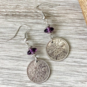 Lucky sixpence earrings, 1953 - 1967 choose coin year, purple long dangle earring, birthday or anniversary gift for a woman