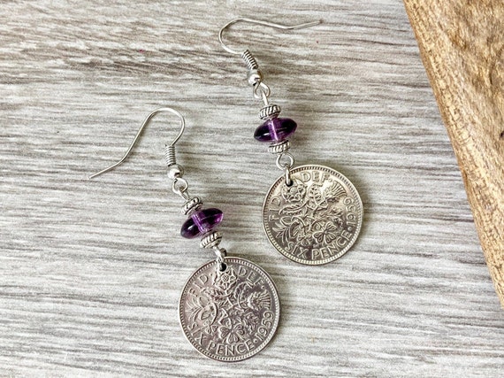 Lucky sixpence earrings, 1953 - 1967 choose coin year, purple long dangle earring, birthday or anniversary gift for a woman