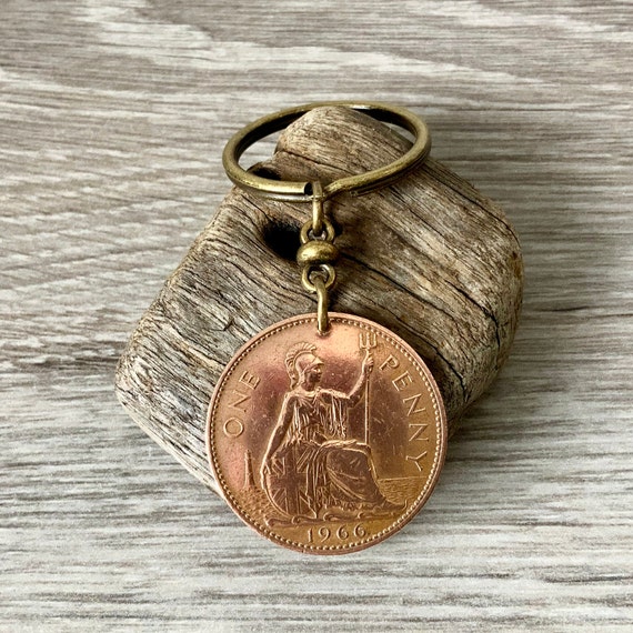 1966 British penny key ring, key chain, old big penny, perfect for a nostalgic 58th birthday or anniversary gift