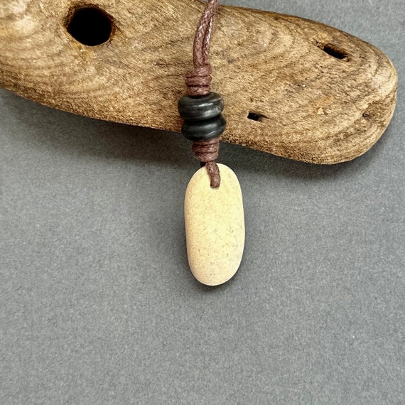 Beach pebble, raw stone necklace, rock jewellery, Brown cotton cord, beige pendant, rock pendant, art in nature, beach found rock to wear