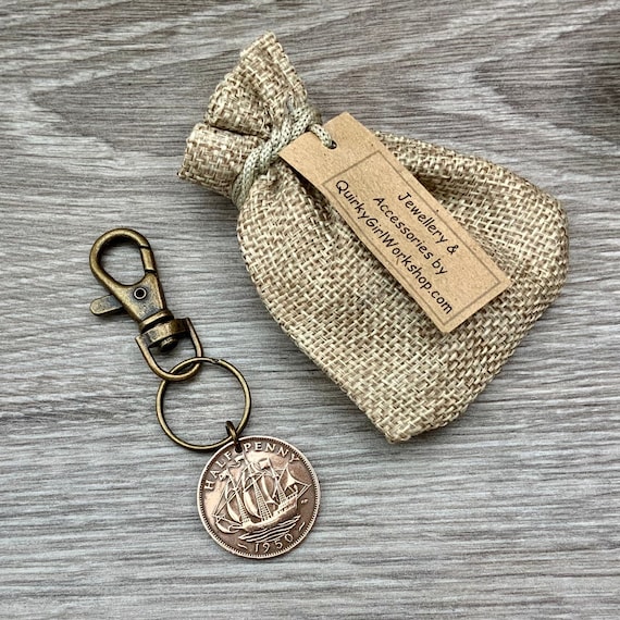 1950 British half penny keyring clip, a perfect 74th birthday gift for someone born in 1950