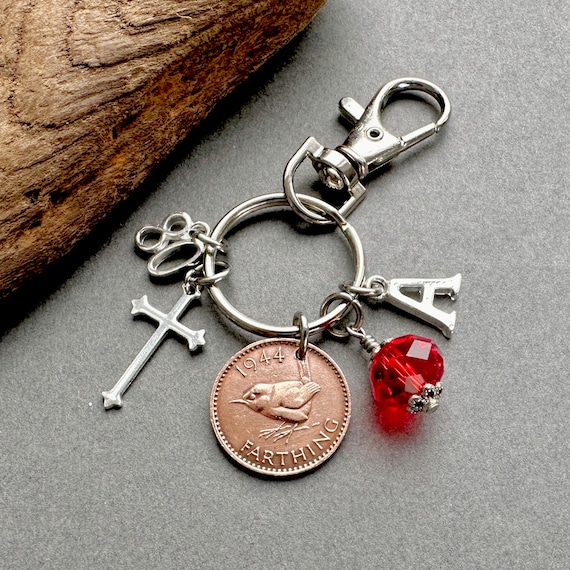 80th birthday gift , 1944 Farthing and cross charm, birthstone charm or bag clip, choose initial and birthstone colour, personalised gift
