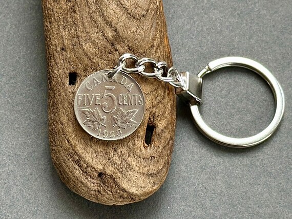 1923 Canadian 5c coin keychain, Canada nickel keyring, 101st birthday gift