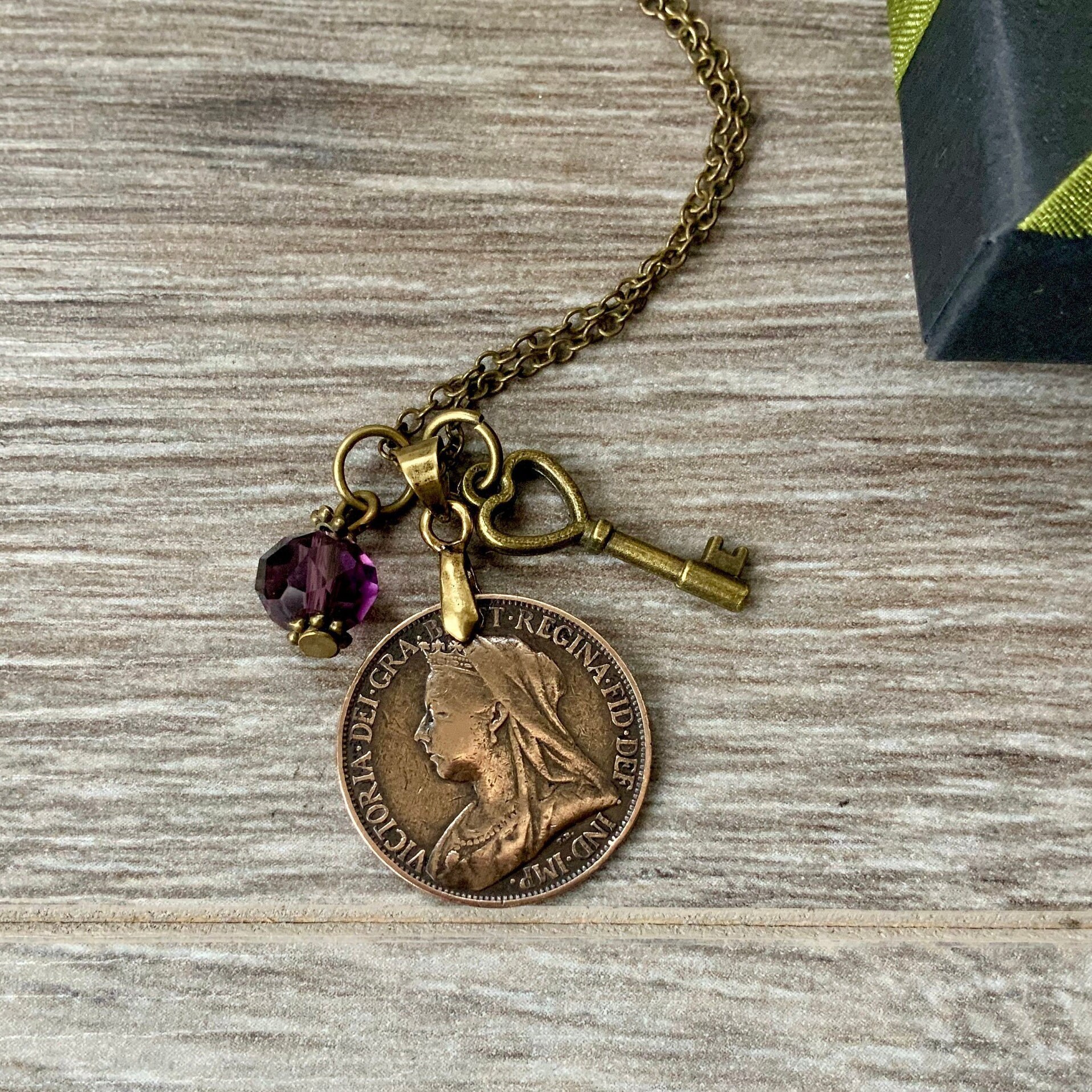 Victorian 1896 coin necklace, British farthing pendant, English